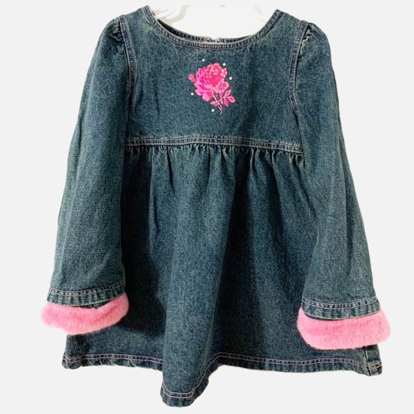 Betsey Johnson Denim Dress Removable TeddyBear Faux Fur Cuffs Roses Crystals💙🩷 - Picture 1 of 11
